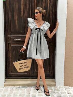 Black & White Striped Ruffle Shoulder Mini Dress with Black Bow NWOT